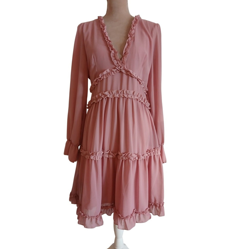 Bibi XL Pink Ruffle Tiered Mini Dress Long Sleeve V-Neck Fairy Ethereal Coquette